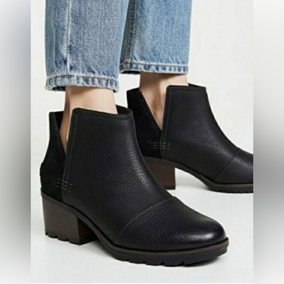 Sorel Women's Cate Cut Out Ankle Boot Black Leather & Suede Stack Heel Size 7.5 - Picture 2 of 12
